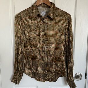 Women’s Vintage Moschino Jeans Fitted Gold Plaid Button Up Blouse Size 6